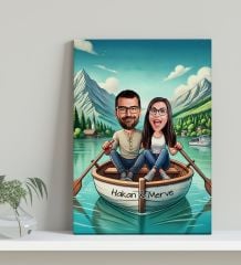 BK Gift Kişiye Özel Teknede Oturan Çift Karikatürlü Kanvas Tablo-1 (30x50), Sevgiliye Hediye, Sevgililer Günü Hediyesi