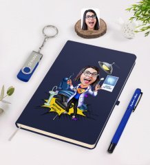 Kişiye Özel Kadın Diş Hekimi Karikatürlü Lacivert Defter Kalem 32gb USB Bellek Hediye Seti-1