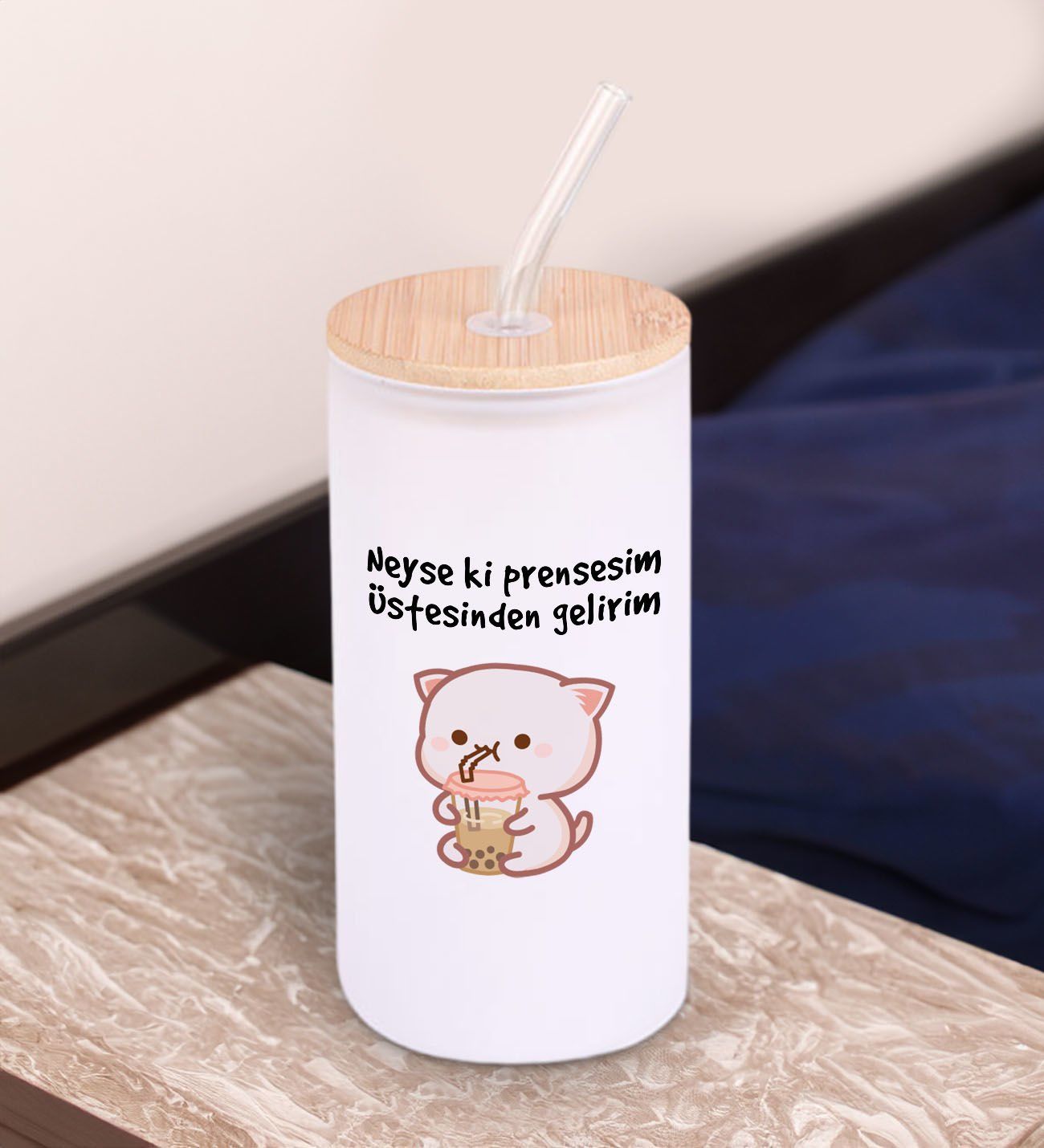 BK Gift Esprili Tasarım Beyaz Renk Pipetli Buzlu Cam Bardak 600ml - 4, Arkadaşa Hediye, Doğum Günü Hediyesi