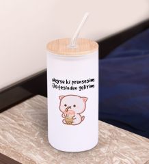 BK Gift Esprili Tasarım Beyaz Renk Pipetli Buzlu Cam Bardak 600ml - 4, Arkadaşa Hediye, Doğum Günü Hediyesi