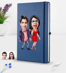 Kişiye Özel Sevgililer Karikatürlü Karikatürlü Lacivert Termo Deri Defter 16x24cm Model 4