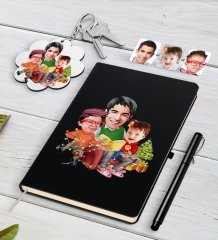 Kişiye Özel Yeni Yıl Aile Karikatürlü Siyah Defter Kalem ve Anahtarlık Hediye Seti-1