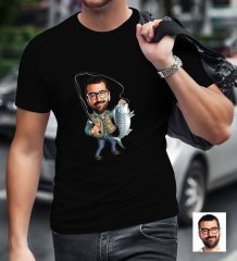 Kişiye Özel Bay Balık Avcısı Karikatürlü Siyah T-Shirt