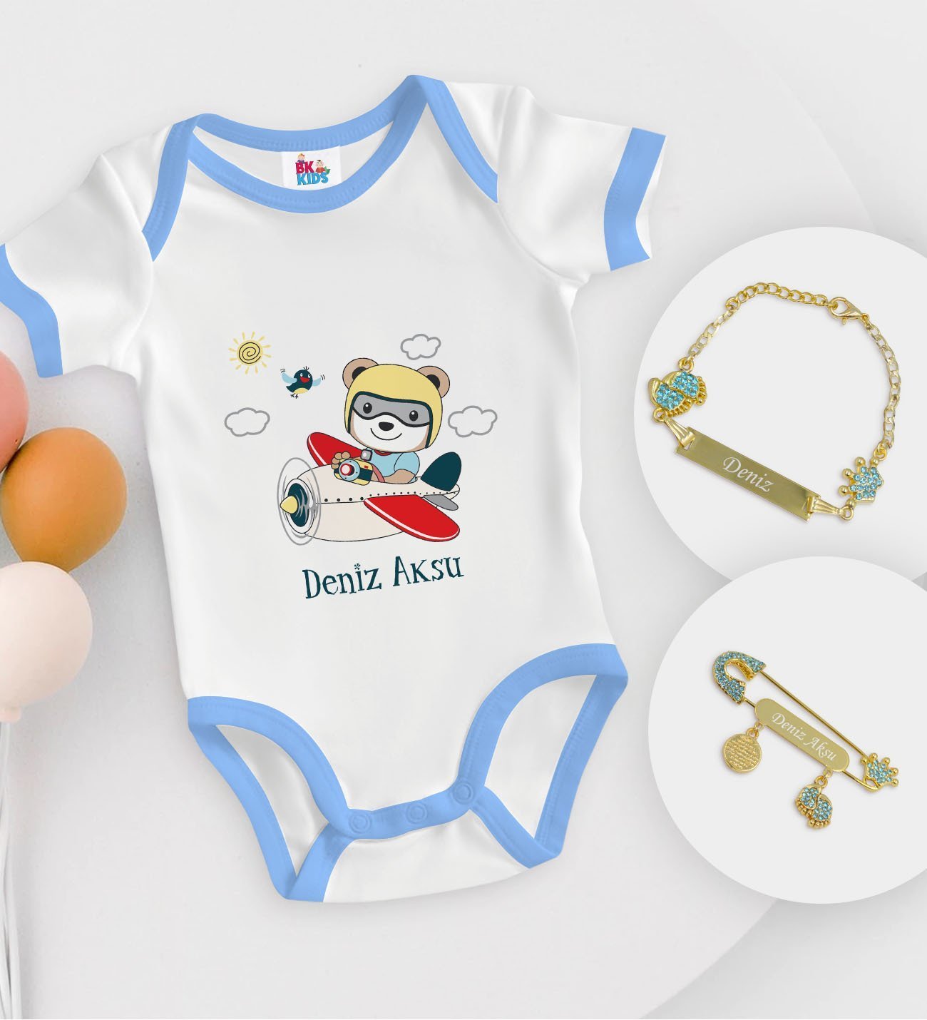 BK Kids Kişiye Özel Sevimli Pilot Tasarımlı Mavi Bebek Body Zıbın Erkek Bebek Künyesi ve İğnesi Hediye Seti-1