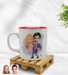 Kişiye Özel Sevgililer Karikatürlü İçi Kırmızı Renkli Kupa Bardak Model 3
