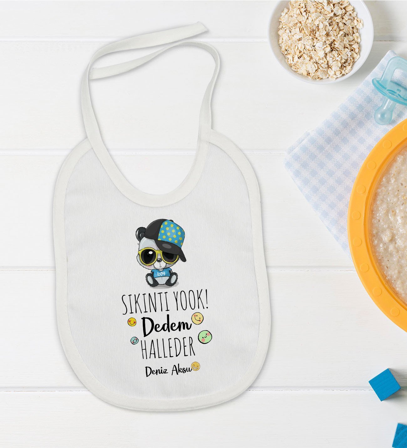 BK Kids Kişiye Özel Sıkıntı Yok Dedem Halleder Tasarımlı Bebek Mama Önlüğü - Model 1
