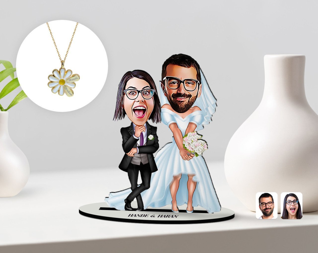 Kişiye Özel Sevgililer Karikatürlü 3D Ahşap Biblo ve Çift İsimli Papatya Kolye Seti-16