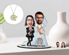 Kişiye Özel Sevgililer Karikatürlü 3D Ahşap Biblo ve Çift İsimli Papatya Kolye Seti-16