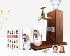 Kişiye Özel Renkli Baskılı Sevgililer Karikatürlü İkili Rakı Bardağı Ahşap Rakı Standı ve Cep Kitabı Hediye Seti-14