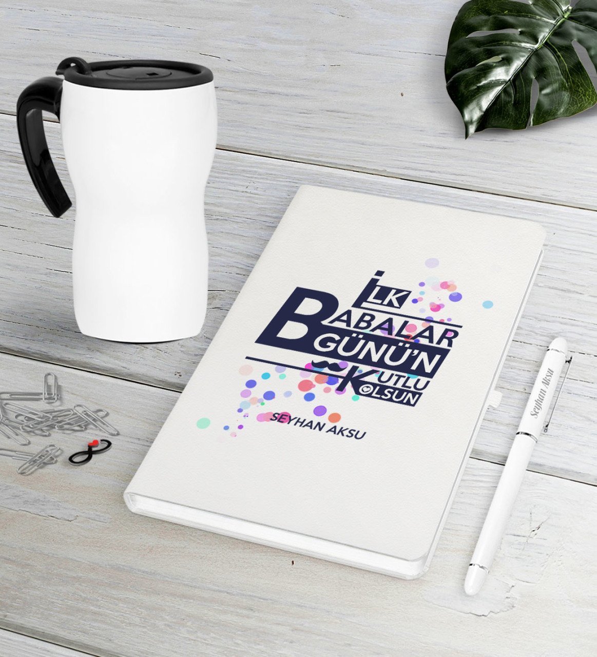 Kişiye Özel İlk Babalar Günün Kutlu Olsun Beyaz Defter Kalem Termos Mug Seti-2