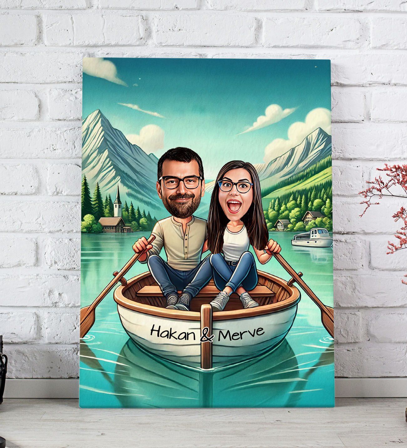 BK Gift Kişiye Özel Teknede Oturan Çift Karikatürlü Kanvas Tablo-1 (20x30), Sevgiliye Hediye, Sevgililer Günü Hediyesi