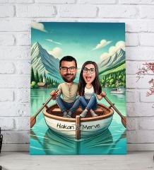 BK Gift Kişiye Özel Teknede Oturan Çift Karikatürlü Kanvas Tablo-1 (20x30), Sevgiliye Hediye, Sevgililer Günü Hediyesi