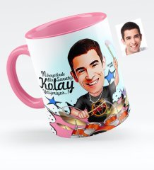 Kişiye Özel Bay Baterist Karikatürlü Pembe Kupa Bardak - 1