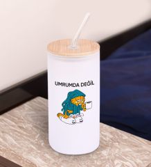 BK Gift Esprili Tasarım Beyaz Renk Pipetli Buzlu Cam Bardak 600ml - 3, Arkadaşa Hediye, Doğum Günü Hediyesi
