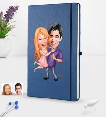 Kişiye Özel Sevgililer Karikatürlü Karikatürlü Lacivert Termo Deri Defter 16x24cm Model 3