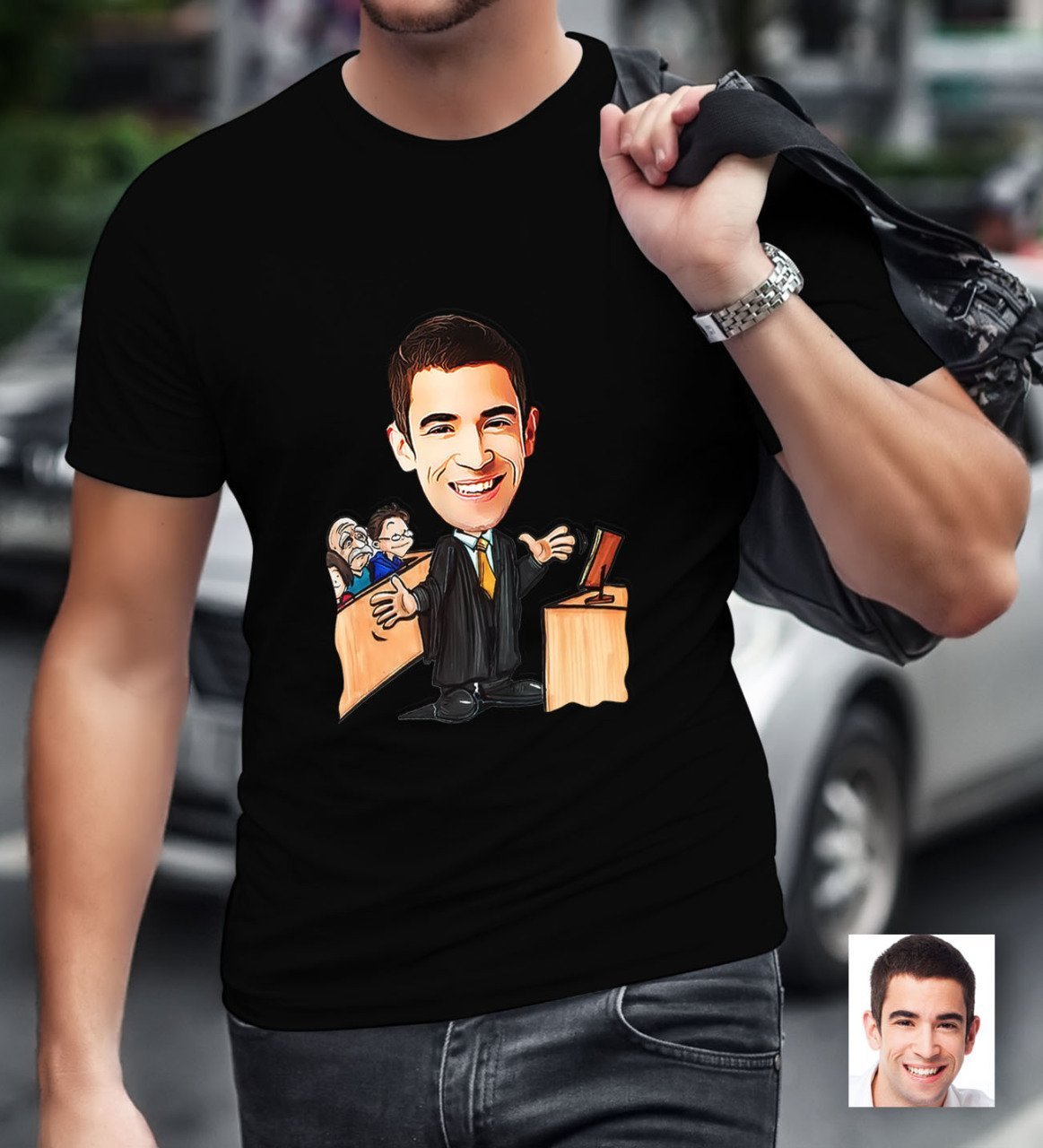 Kişiye Özel Bay Avukat Karikatürlü Siyah T-Shirt-3