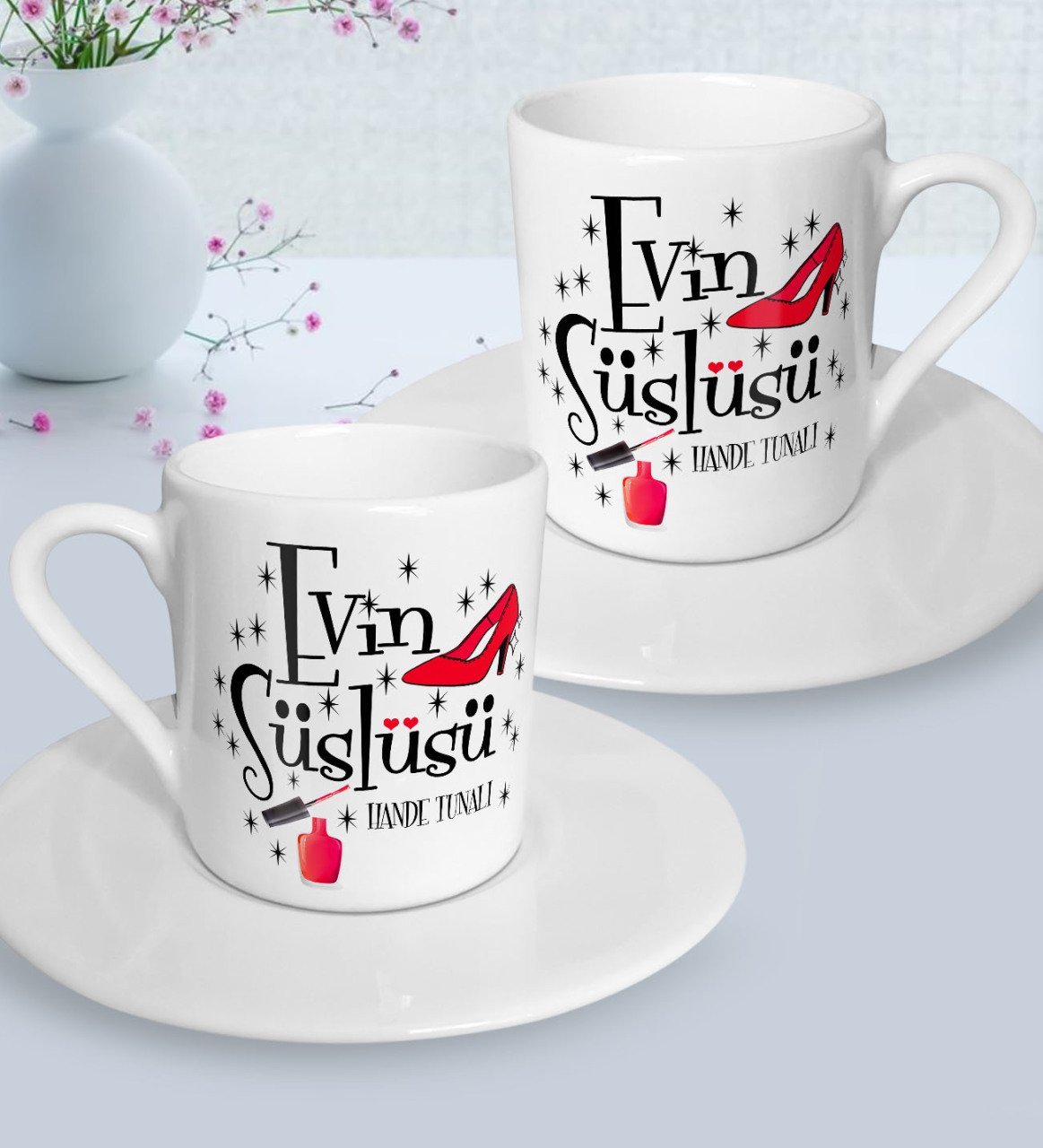 Kişiye Özel Anneler Günü Temalı Evin Süslüsü Tasarımlı İkili Türk Kahvesi Fincanı Seti-2