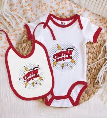 BK Kids Ceryan Kaçağı Tasarımlı Kırmızı Bebek Body Zıbın ve Mama Önlüğü Hediye Seti-2