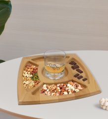 Kişiye Özel İsimli Viski Bardağı ve Doğal Masif Ahşap 4 Bölmeli Sunum Tabağı Çerezlik Hediye Seti-3