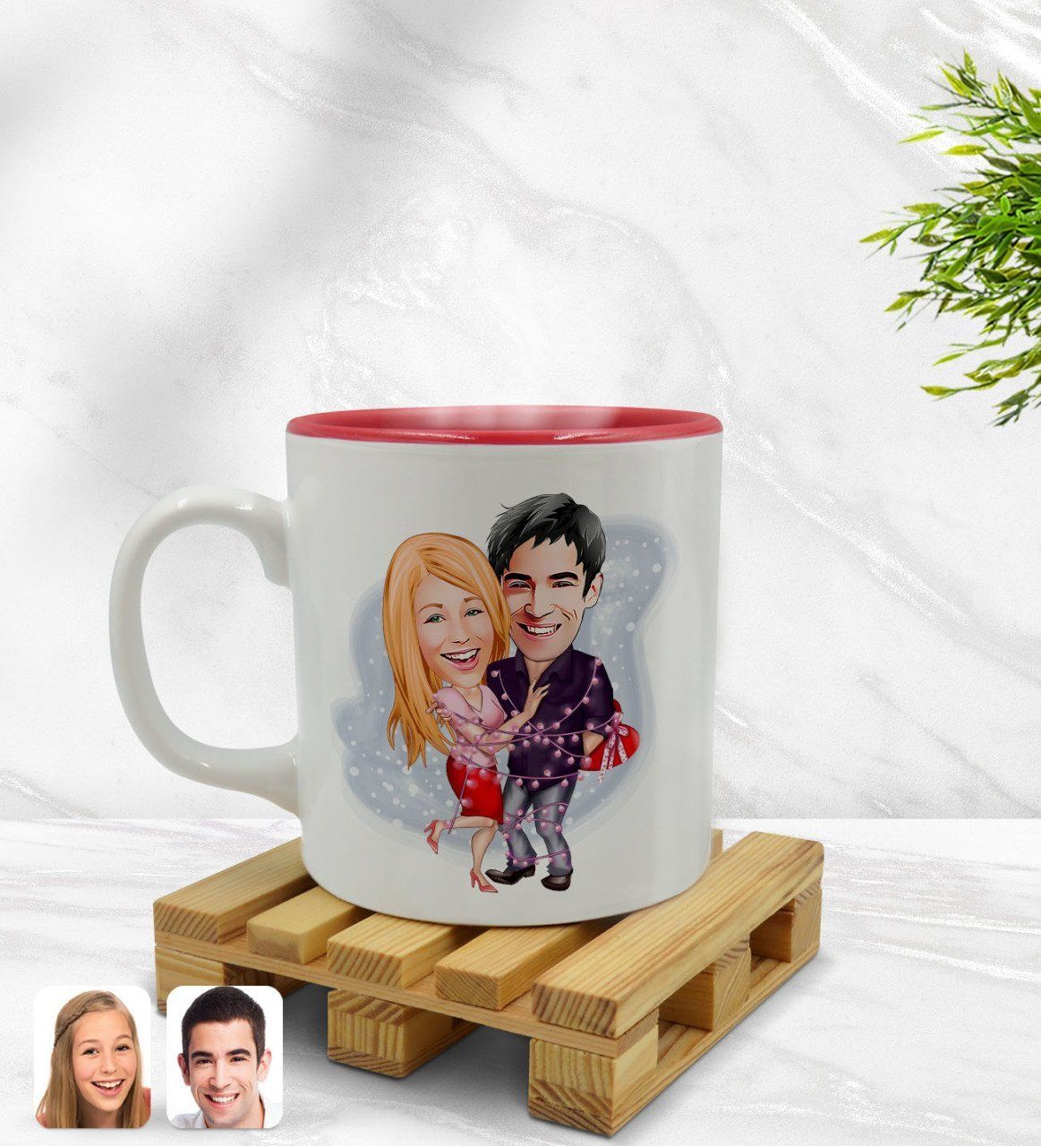 Kişiye Özel Sevgililer Karikatürlü İçi Kırmızı Renkli Kupa Bardak Model 2