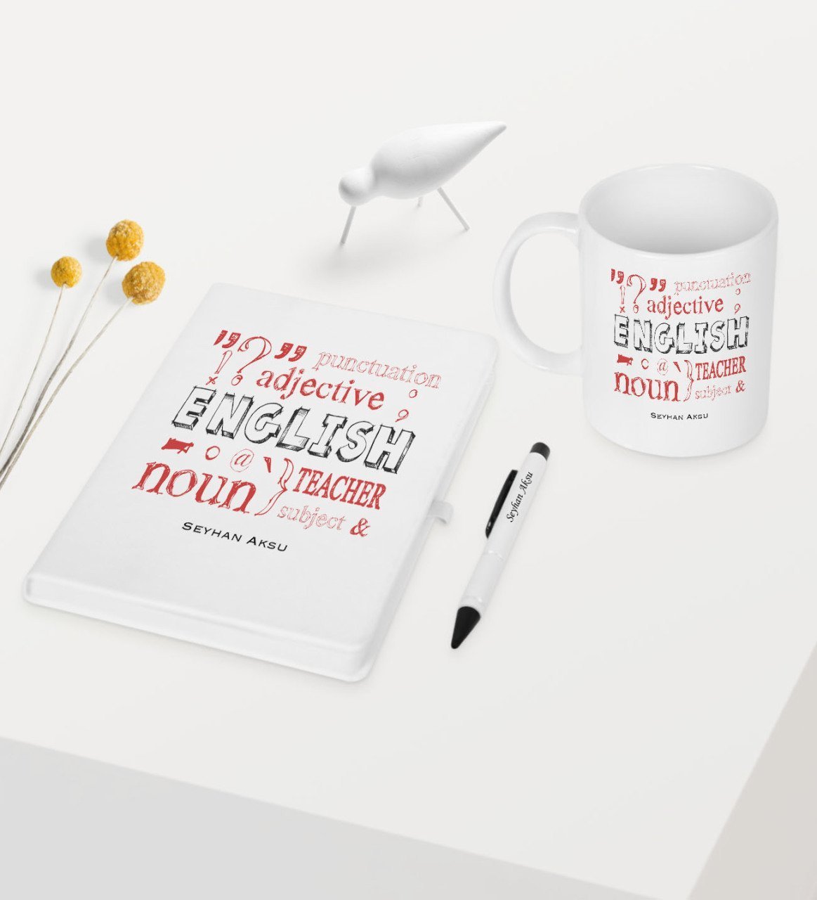 Kişiye Özel İngilizce Öğretmeni Temalı Beyaz Defter Kalem Kupa Seti - 6
