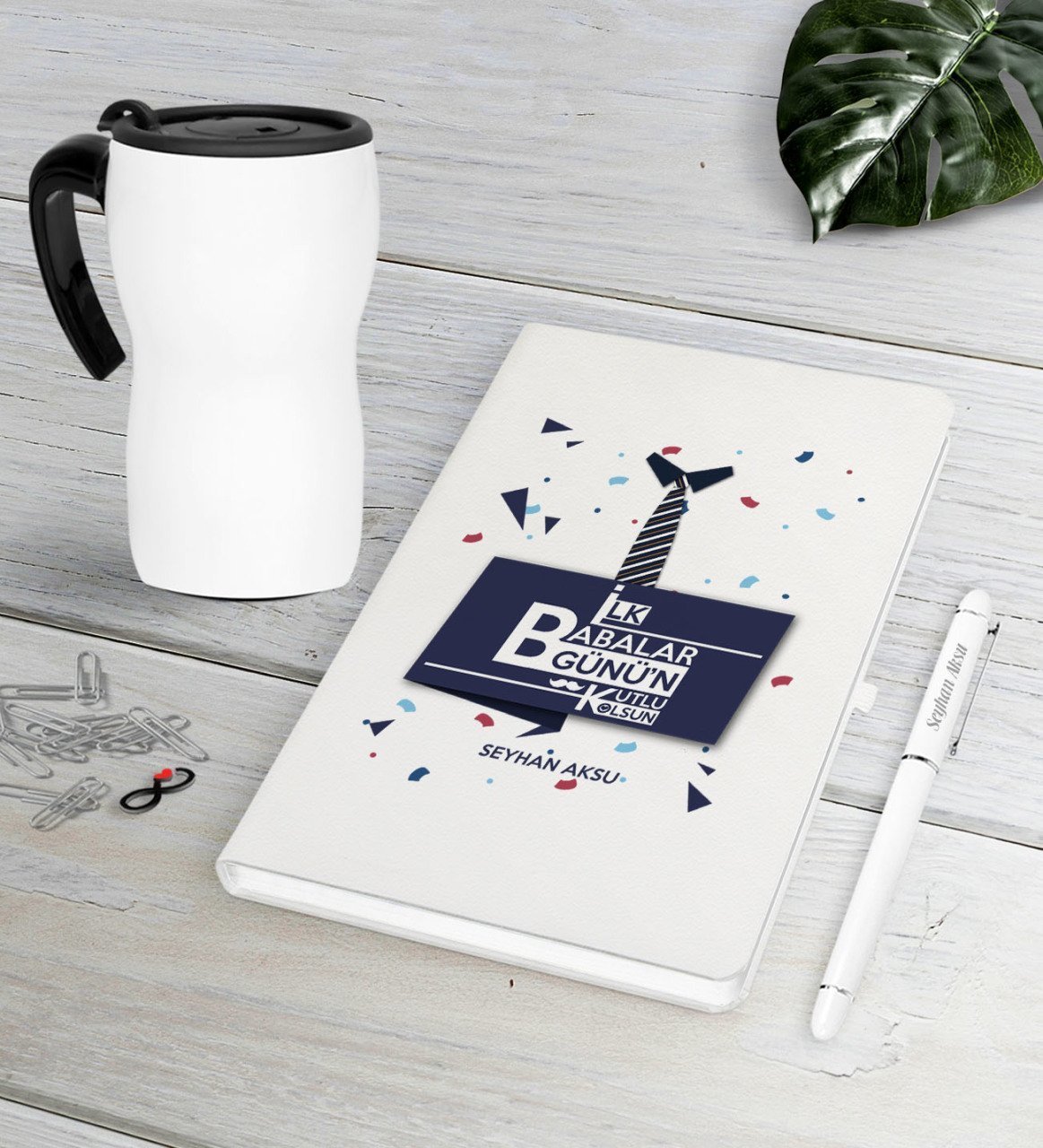 Kişiye Özel İlk Babalar Günün Kutlu Olsun Beyaz Defter Kalem Termos Mug Seti-1