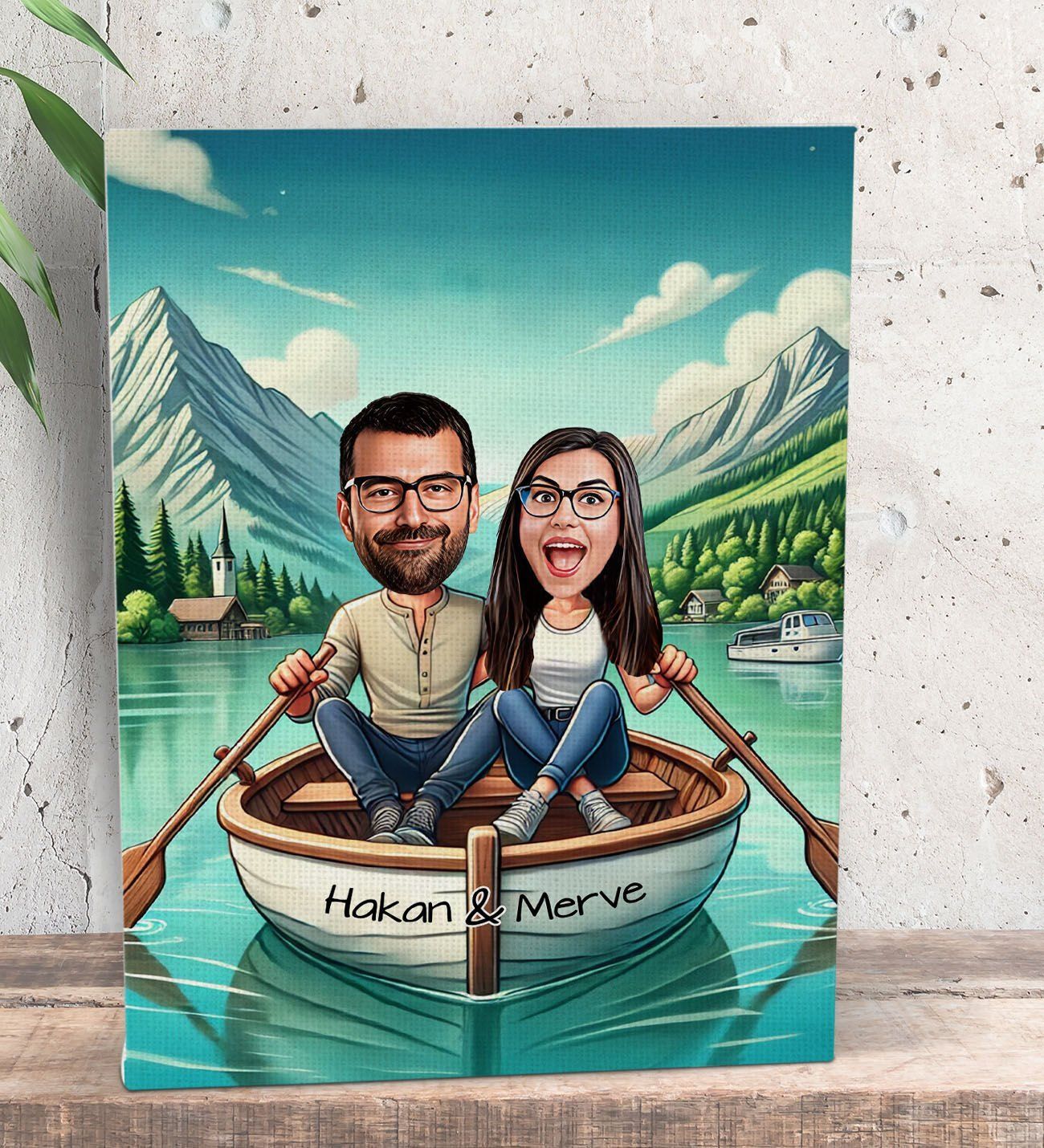 BK Gift Kişiye Özel Teknede Oturan Çift Karikatürlü Kanvas Tablo-1 (15x20), Sevgiliye Hediye, Sevgililer Günü Hediyesi