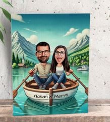 BK Gift Kişiye Özel Teknede Oturan Çift Karikatürlü Kanvas Tablo-1 (15x20), Sevgiliye Hediye, Sevgililer Günü Hediyesi