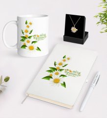 Kişiye Özel Papatya Temalı En İyi Öğretmen Beyaz Kupa Defter Kalem ve İsimli Papatya Kolye Hediye Seti-8