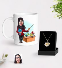 Kişiye Özel Bayan Öğretmen Karikatürlü Kupa Ve Papatya Kolye Hediye Seti-7