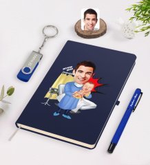 Kişiye Özel Erkek Kadın Doğum Uzmanı Karikatürlü Lacivert Defter Kalem 32gb USB Bellek Hediye Seti-1
