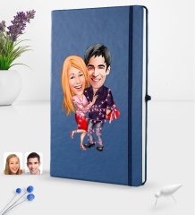 Kişiye Özel Sevgililer Karikatürlü Karikatürlü Lacivert Termo Deri Defter 16x24cm Model 2