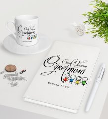 Kişiye Özel Çocuk Gelişimi Öğretmeni Beyaz Defter Kalem Türk Kahvesi Fincanı Seti-2