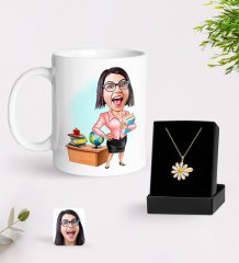 Kişiye Özel Bayan Öğretmen Karikatürlü Kupa Ve Papatya Kolye Hediye Seti-5