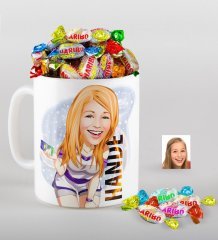 Kişiye Özel Bayan Karikatürlü Kupa ve Haribo Fruitbons Şeker Hediye Seti-36
