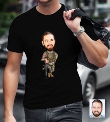 Kişiye Özel Asker Karikatürlü Siyah T-Shirt-2