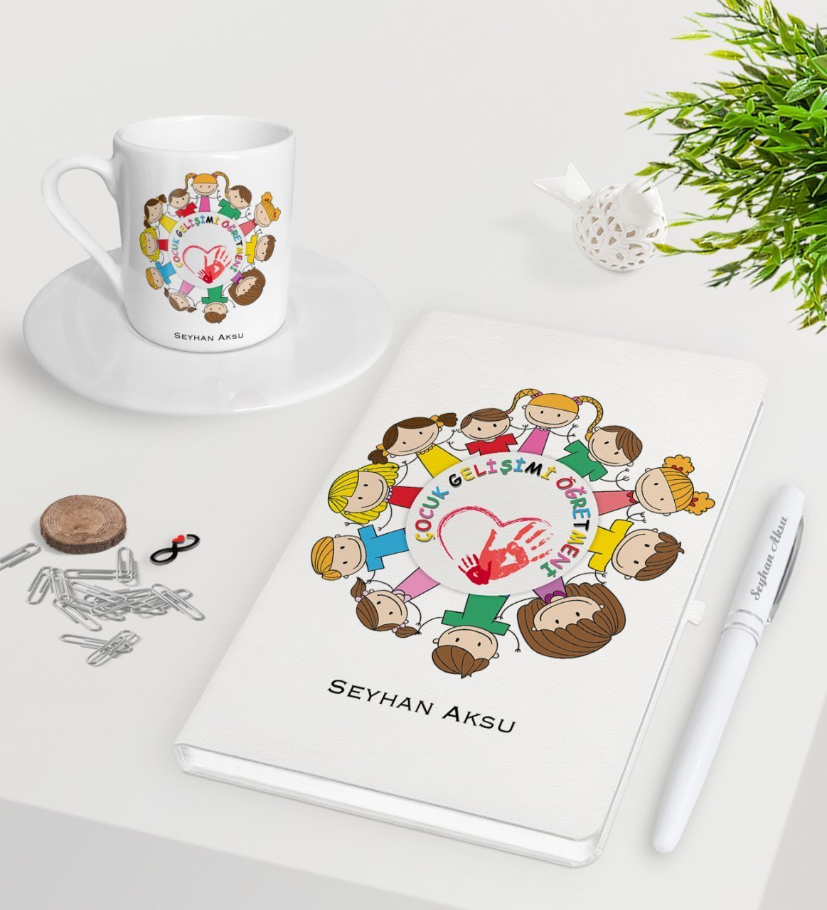 Kişiye Özel Çocuk Gelişimi Öğretmeni Beyaz Defter Kalem Türk Kahvesi Fincanı Seti-1