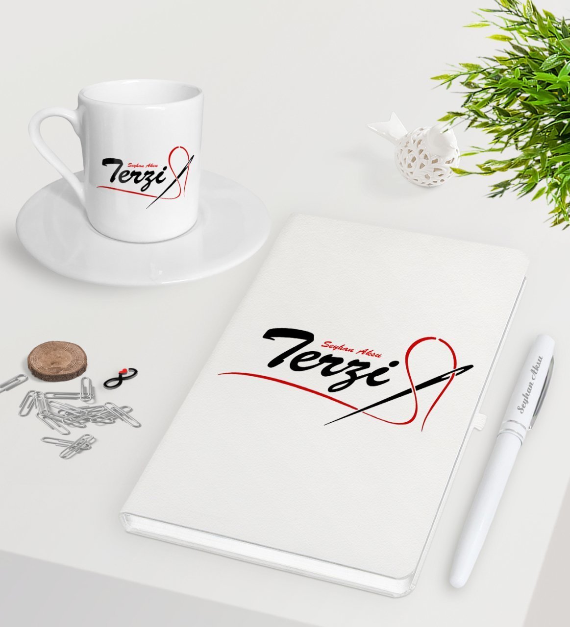 Kişiye Özel Terzi Beyaz Defter Kalem Türk Kahvesi Fincanı Seti-1