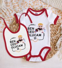 BK Kids Ceo Olucam Tasarımlı Kırmızı Bebek Body Zıbın ve Mama Önlüğü Hediye Seti-1