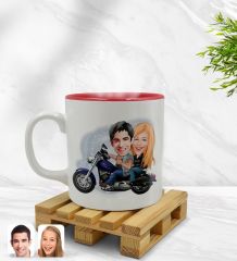 Kişiye Özel Motorcu Sevgililer Karikatürlü İçi Kırmızı Renkli Kupa Bardak Model 1