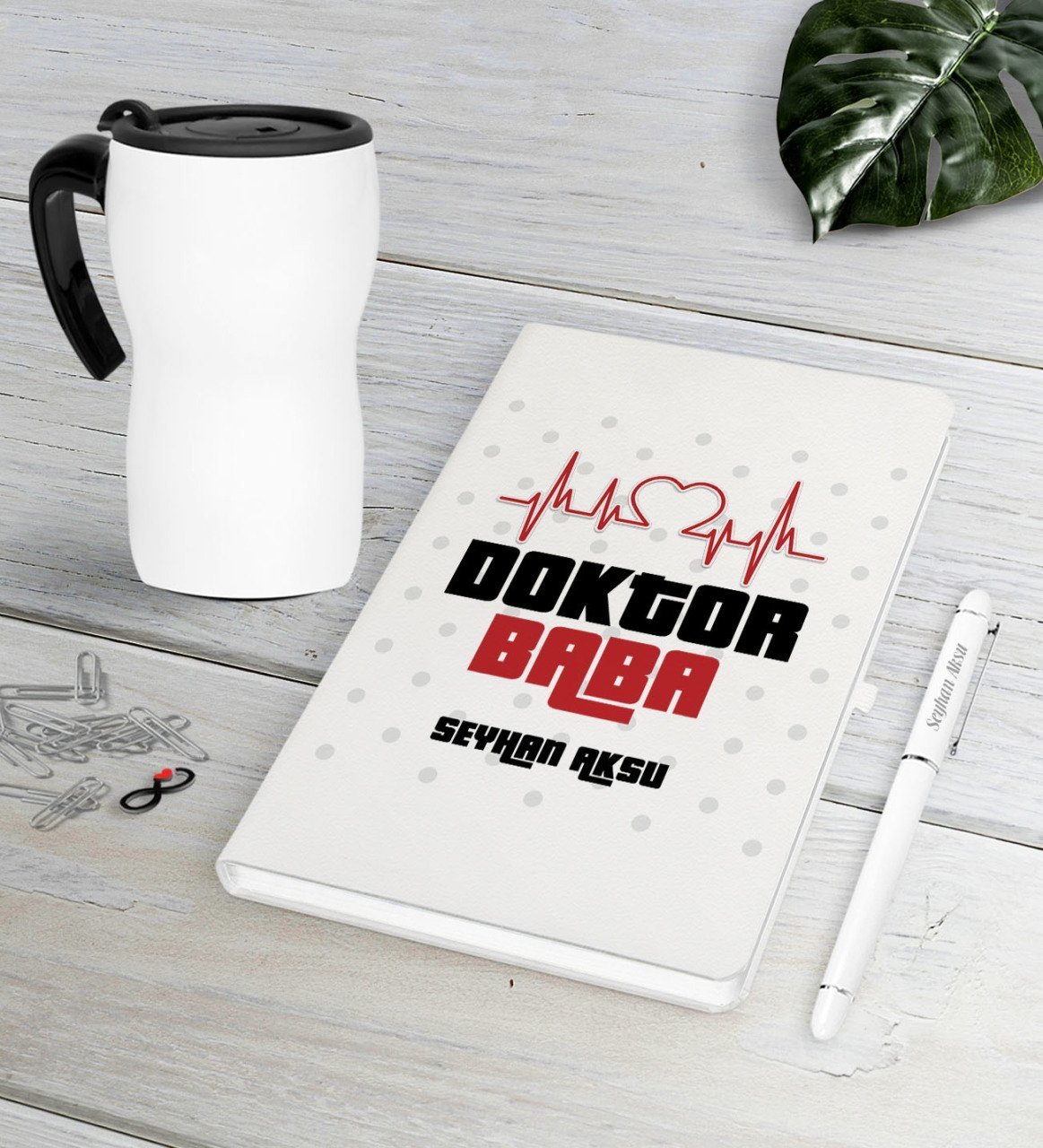 Kişiye Özel Doktor Baba Beyaz Defter Kalem Termos Mug Seti-2