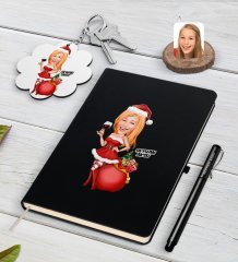 Kişiye Özel Kadın Yeni Yıl Karikatürlü Siyah Defter Kalem ve Anahtarlık Hediye Seti-1