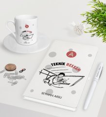Kişiye Özel Teknik Ressam Beyaz Defter Kalem Türk Kahvesi Fincanı Seti-2