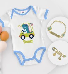 BK Kids Kişiye Özel İsimli Mavi Bebek Body Zıbın Erkek Bebek Künyesi ve İğnesi Hediye Seti-34