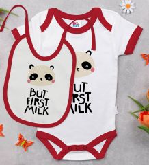 BK Kids But First Milk Tasarımlı Kırmızı Bebek Body Zıbın ve Mama Önlüğü Hediye Seti-1