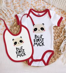 BK Kids But First Milk Tasarımlı Kırmızı Bebek Body Zıbın ve Mama Önlüğü Hediye Seti-1