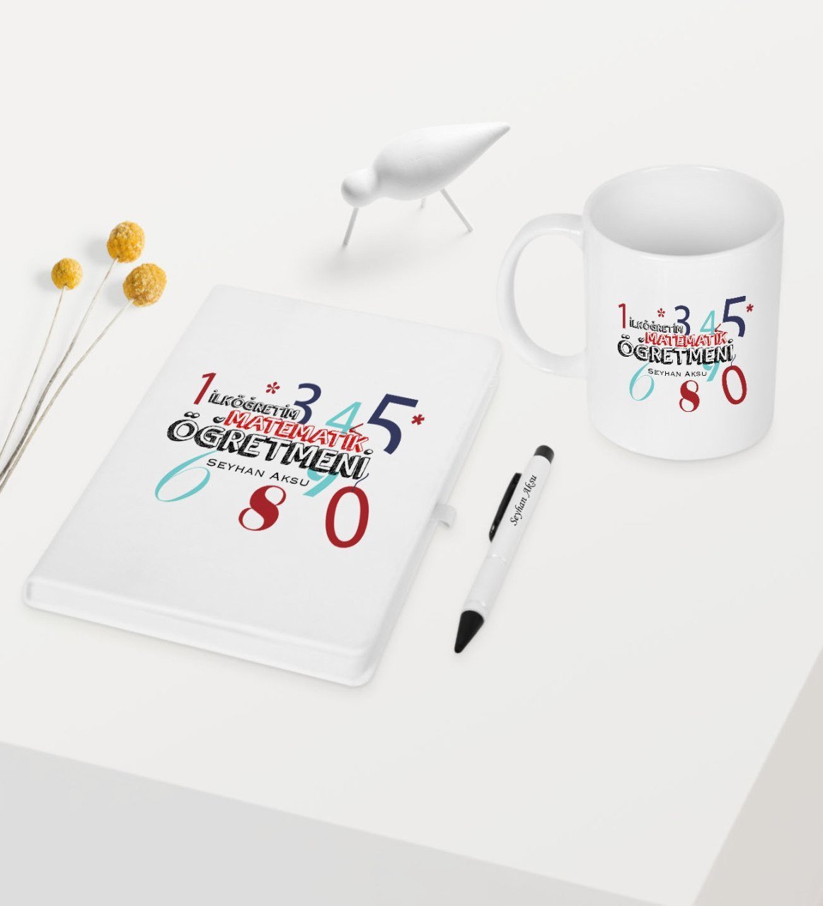 Kişiye Özel İlköğretim Matematik Öğretmeni Temalı Beyaz Defter Kalem Kupa Seti - 1