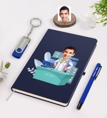 Kişiye Özel Erkek Eczacı Karikatürlü Lacivert Defter Kalem 32gb USB Bellek Hediye Seti-4