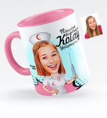 Kişiye Özel Hemşire Karikatürlü Pembe Kupa Bardak - 1