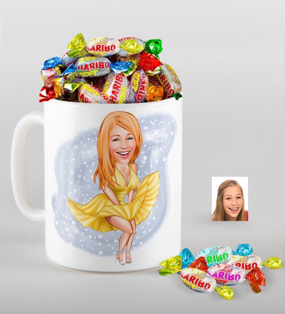 Kişiye Özel Marilyn Monroe Karikatürlü Kupa ve Haribo Fruitbons Şeker Hediye Seti